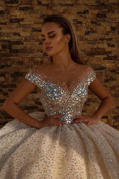 Chicloth Off-the-Shoulder Ball Gown Wedding Dress With Crystals