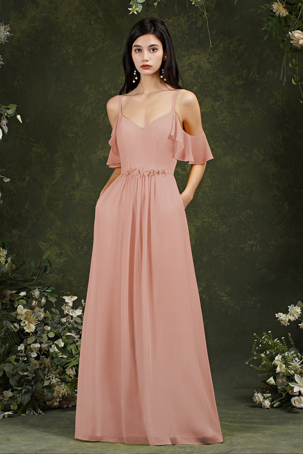 Chicloth Elegant Chiffon Bridesmaid Dress Ruffles With Pockets