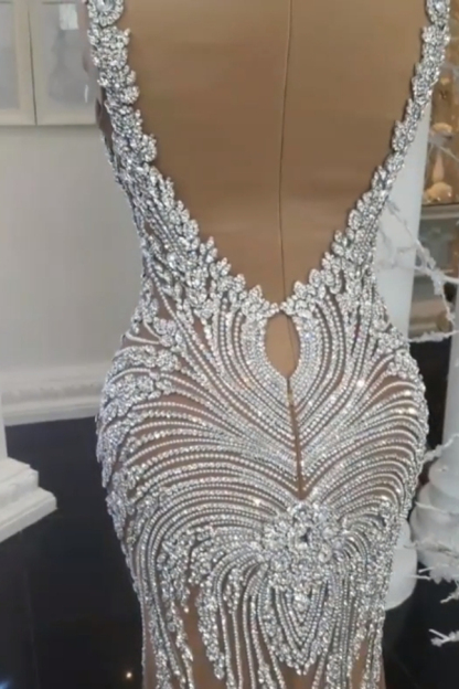 Luxury Crystals Mermaid Wedding Dresses | V-Neck Backless Champagne Bridal Gowns