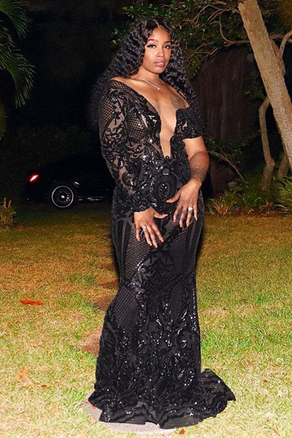 Chicloth One Shoulder Long Sleeves Black Prom Dress Mermaid Sequins