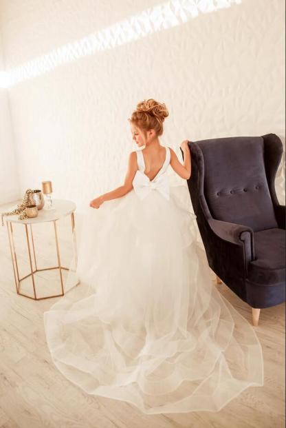 Chicloth White Tulle Glitter Flower Girl Dress With Bowknot Back