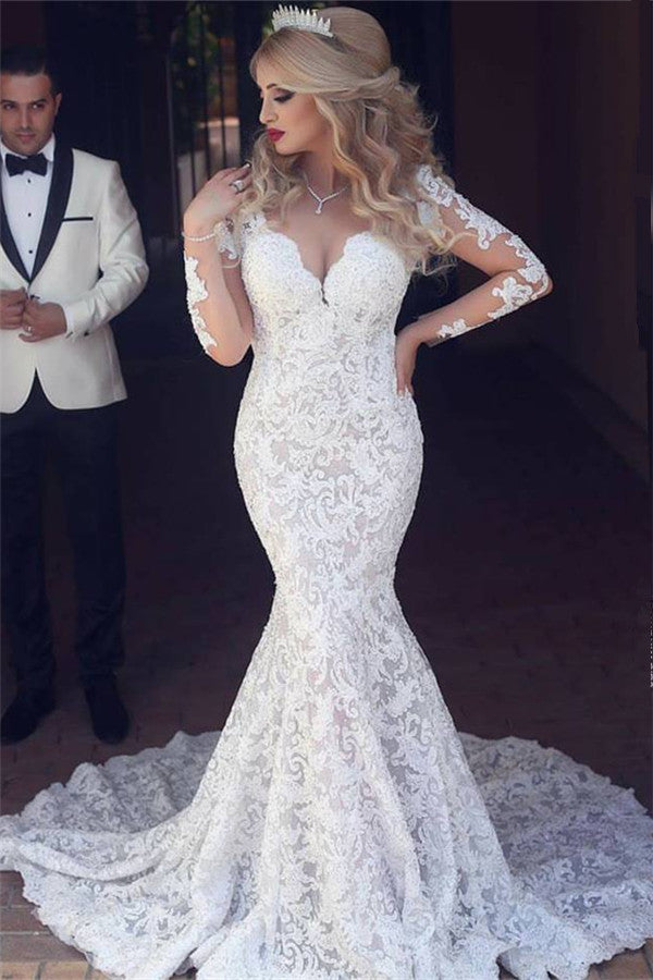 Chicloth Long Sleeves Lace Wedding Dress Mermaid Bridla Gowns