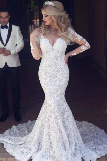 Chicloth Long Sleeves Lace Wedding Dress Mermaid Bridla Gowns