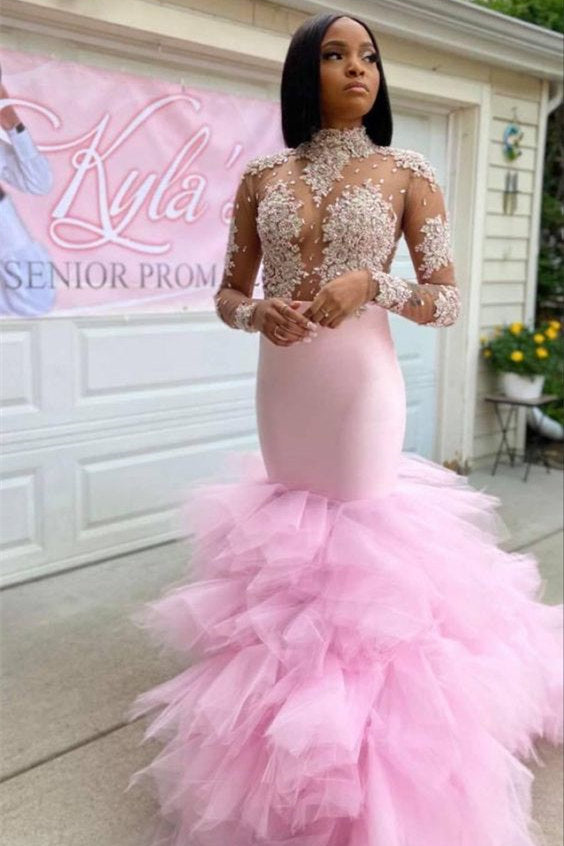 Chicloth Pink Long Sleeves Prom Dress Mermaid Tulle Ruffles With Appliques