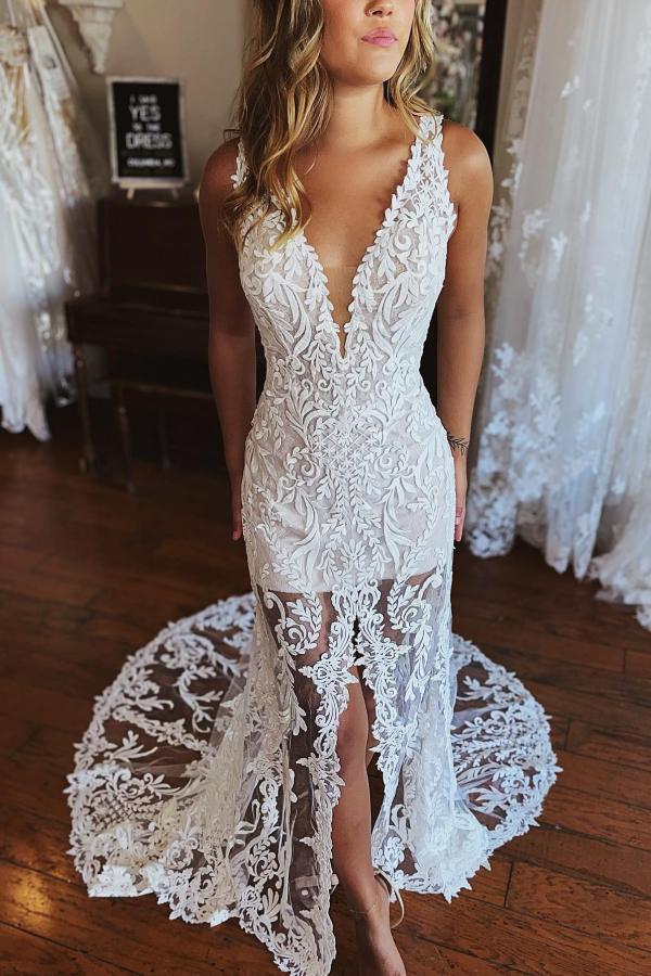 Stylish Floral Lace Mermaid Wedding Dress Deep V-Neck Front Slit Bridal Dress
