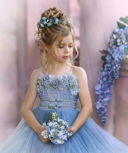 Chicloth Blue Spaghetti-Straps Tulle Flower Girl Dress Layered With Appliques