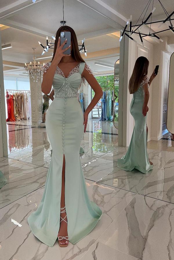 Stunning Mint Green Satin Mermaid Prom Dress | Front Split Sweetheart Sequins Rhinestone