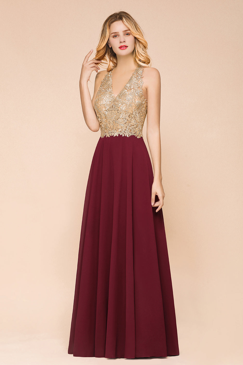 Chicloth Gorgeous V-Neck Burgundy Prom Dress Long Sleeveless Evening Gowns With Appliques