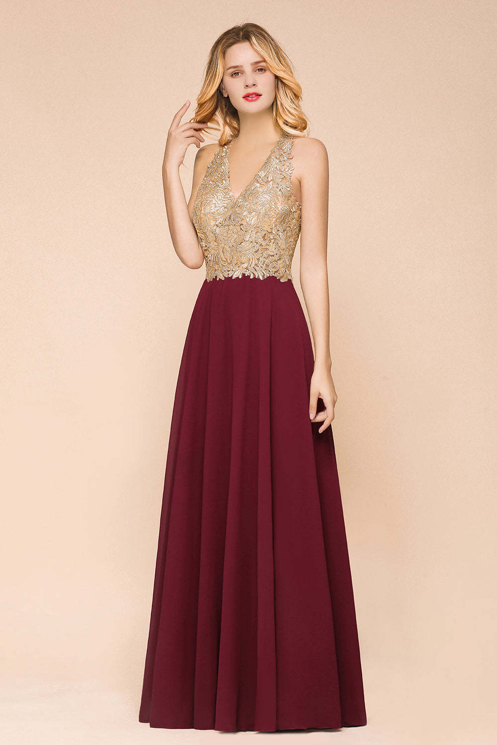 Chicloth Gorgeous V-Neck Burgundy Prom Dress Long Sleeveless Evening Gowns With Appliques