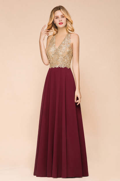 Chicloth Gorgeous V-Neck Burgundy Prom Dress Long Sleeveless Evening Gowns With Appliques