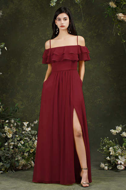 Chicloth Off-the-Shoulder Bridesmaid Dress Ruffles With Slit