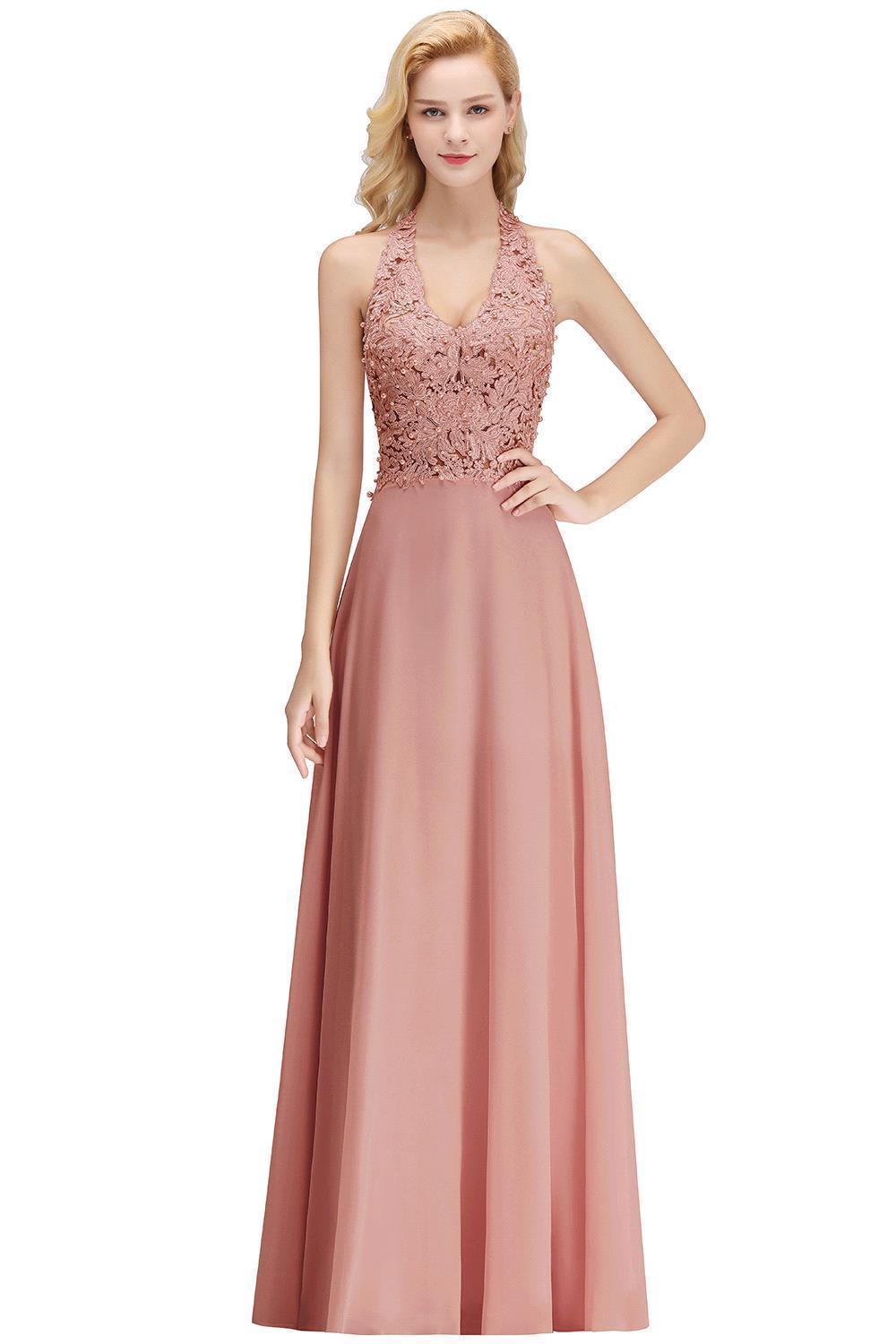 Chicloth A-line Halter Chiffon Lace Bridesmaid Dress with Beadings