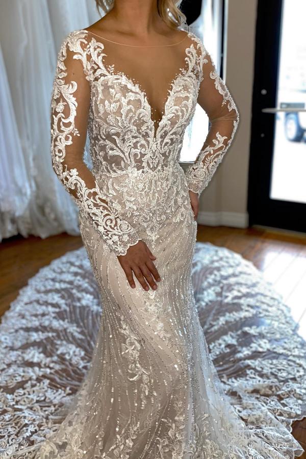 Chicloth Long Sleeves Mermaid Wedding Dress Lace V-Neck