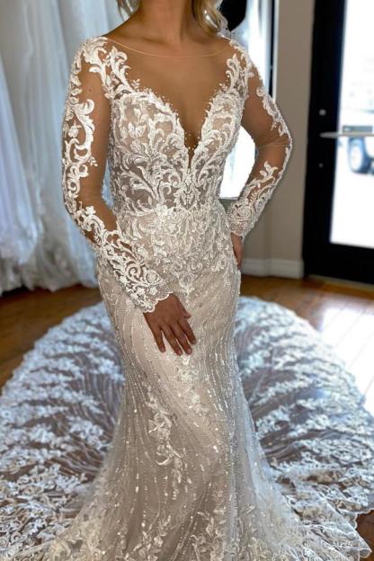 Chicloth Long Sleeves Mermaid Wedding Dress Lace V-Neck