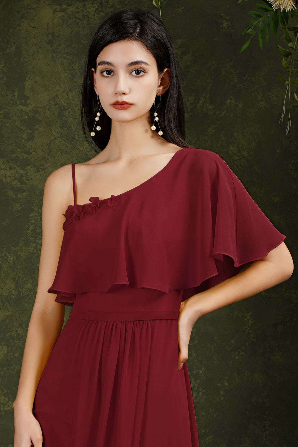 Chicloth One Shoulder Ruffles Bridesmaid Dress Long With Slit