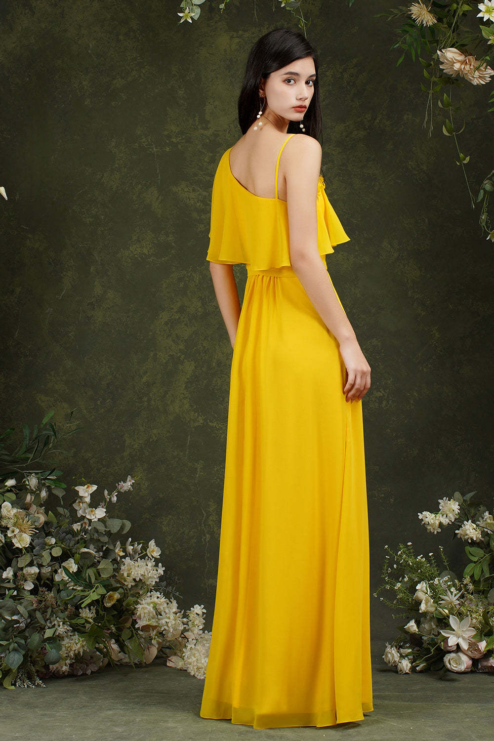 Chicloth One Shoulder Ruffles Bridesmaid Dress Long With Slit