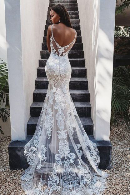 Chicloth Sleeveless Spaghetti-Straps Lace Wedding Dress Mermaid Open Back