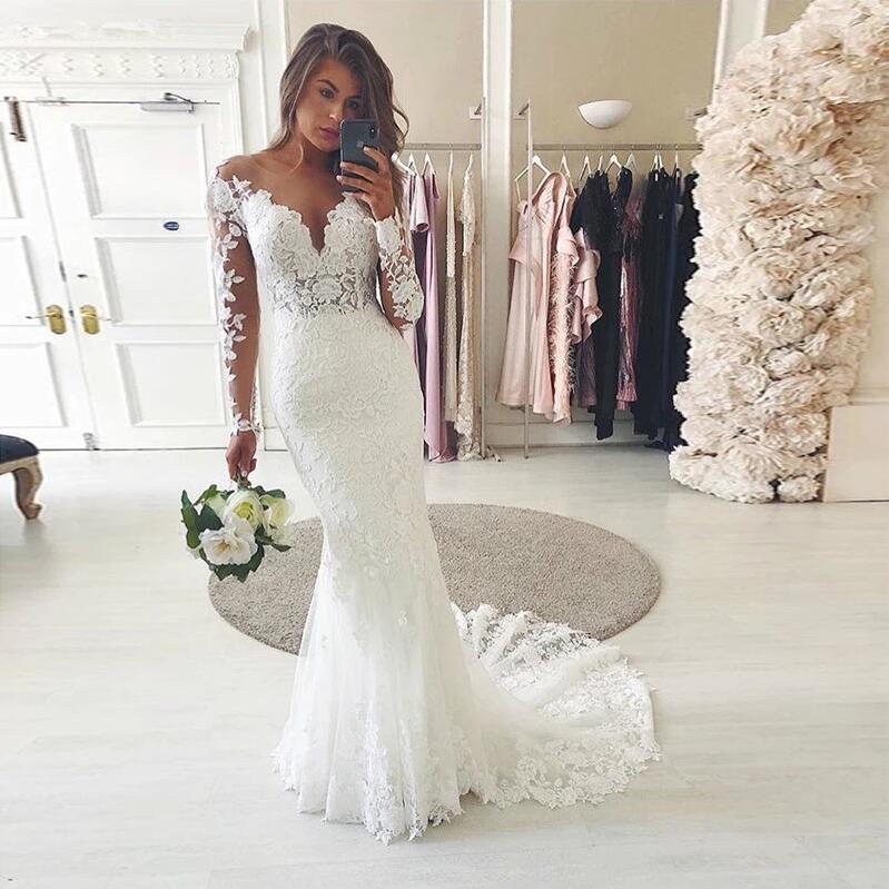 Chicloth Long Sleeves Lace Wedding Dress Mermaid V-Neck