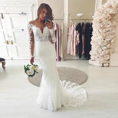 Chicloth Long Sleeves Lace Wedding Dress Mermaid V-Neck