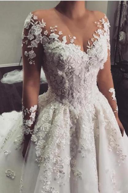 Chicloth Long Sleeves Overskirt Wedding Dress With 3D Floral Appliques