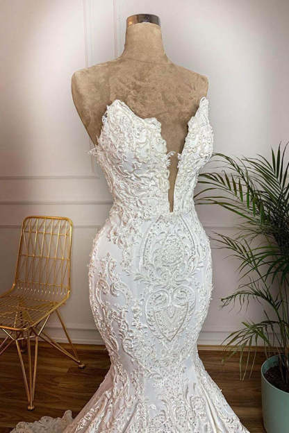 Chicloth Elegant Satin Sweetheart Mermaid Wedding Dresses White Lace Bridal Gowns With Appliques Online