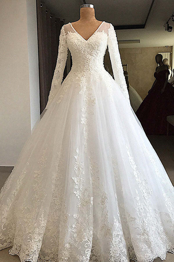 Chicloth Modest V-neck Longsleeves White Wedding Dresses With Appliques A-line Tulle Ruffles Bridal Gowns On Sale
