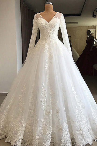 Chicloth Modest V-neck Longsleeves White Wedding Dresses With Appliques A-line Tulle Ruffles Bridal Gowns On Sale