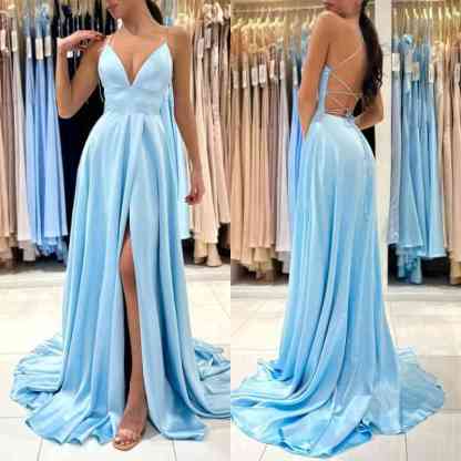 Chicloth Sky Blue Spaghetti-Straps Prom Dress Split Long On Sale