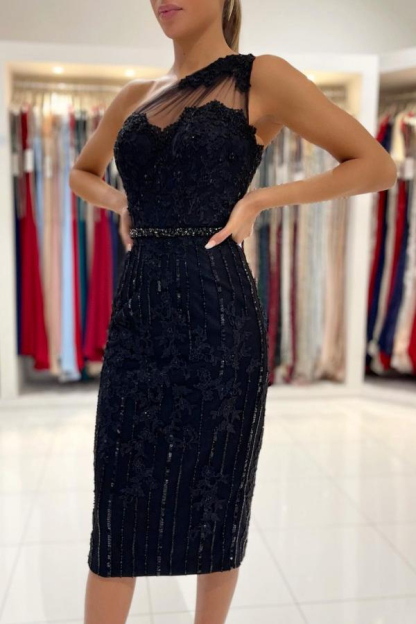 Lace-Appliqued One-Shoulder Beaded Short Prom Dress
