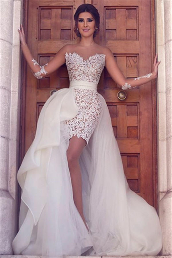 Long Sleeve Wedding Dress with Detachable Train and Short Lace Bridal Gown
