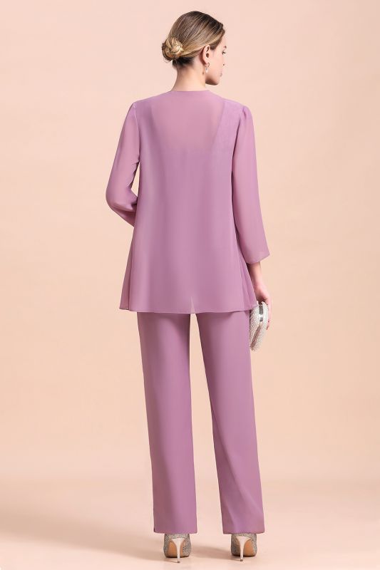 Chiffon 3 Pieces Mother of the Bride Dress Scoop Neck Floral Lace Lilac Jumpsuit Wedding Guest Dress