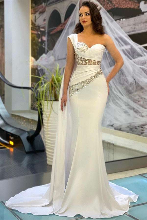 Chicloth One Shoulder White Prom Dress Mermaid Long Ruffle With Beads