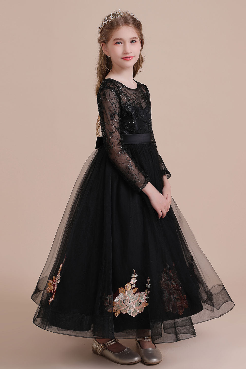 Chicloth A-Line Embroidered Long Sleeve Tulle Flower Girl Dress On Sale