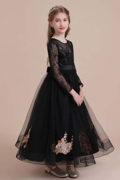 Chicloth A-Line Embroidered Long Sleeve Tulle Flower Girl Dress On Sale