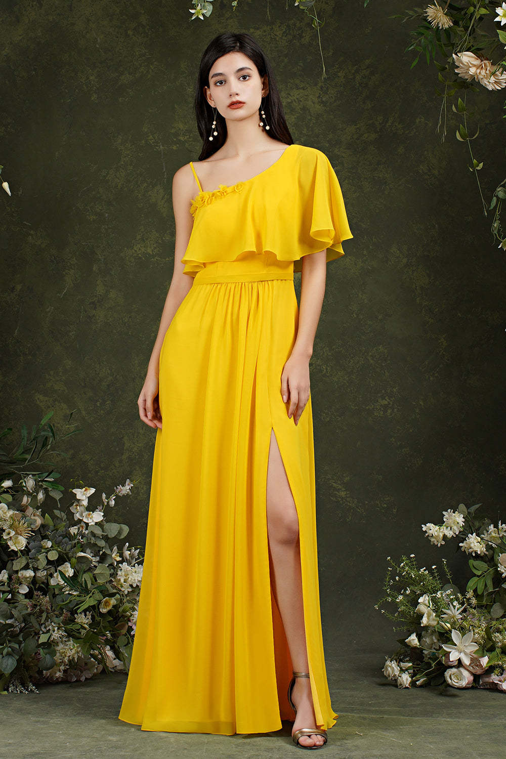 Chicloth One Shoulder Ruffles Bridesmaid Dress Long With Slit