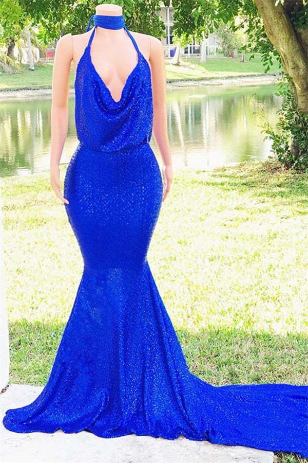 Chicloth Royal Blue V-Neck Mermaid Prom Dress Sequins Sleeveless Evening Gown