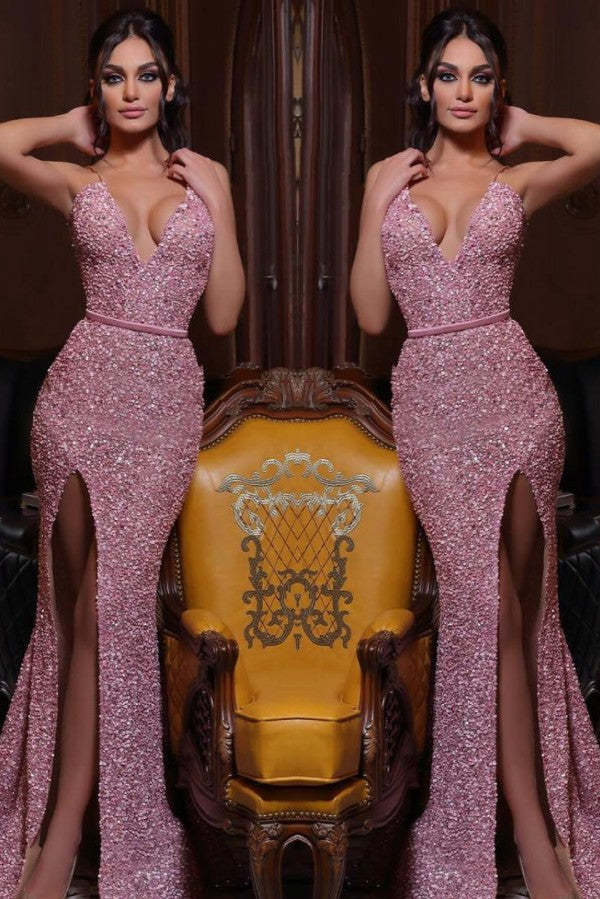 Chicloth Rose Pink Mermaid Sequins Prom Dress Split Spaghetti-Straps