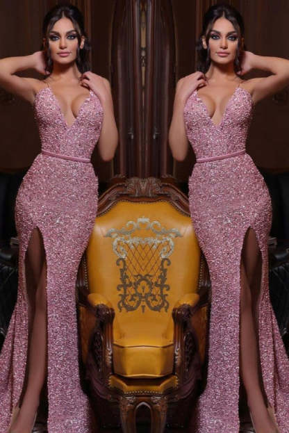 Chicloth Rose Pink Mermaid Sequins Prom Dress Split Spaghetti-Straps