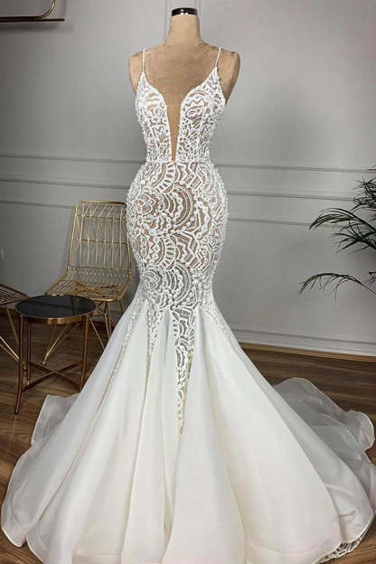 Chicloth Affordable Mermaid Spaghetti Straps Lace Wedding Dresses Ivory Sleeveless Bridal Gowns With Appliques Online