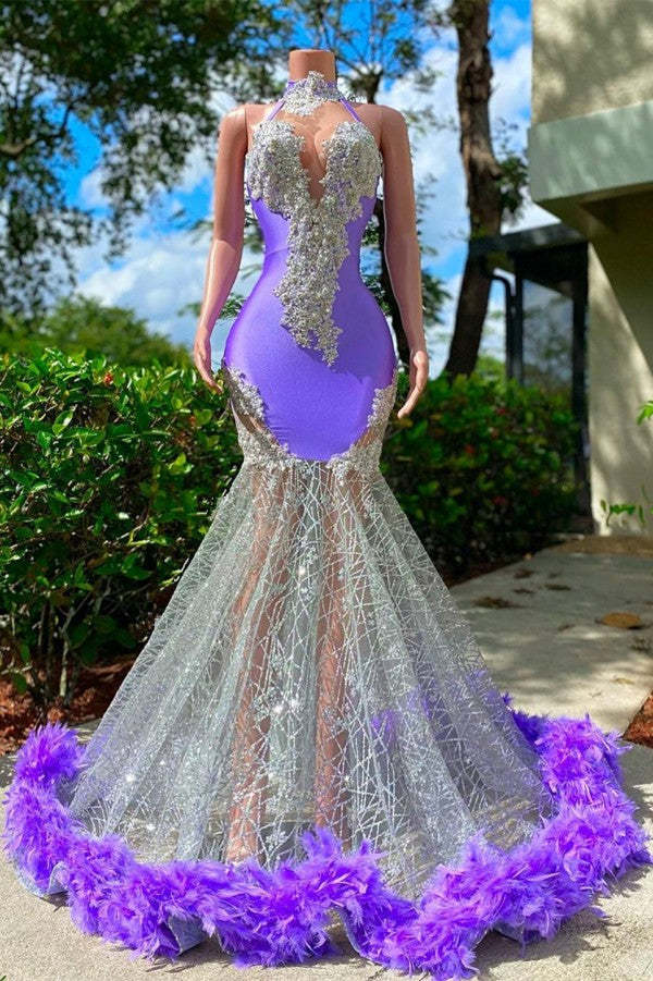 Chicloth Lavender High Neck Prom Dress Mermaid Appliques With Feather