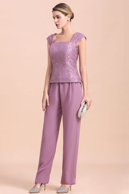 Chiffon 3 Pieces Mother of the Bride Dress Scoop Neck Floral Lace Lilac Jumpsuit Wedding Guest Dress