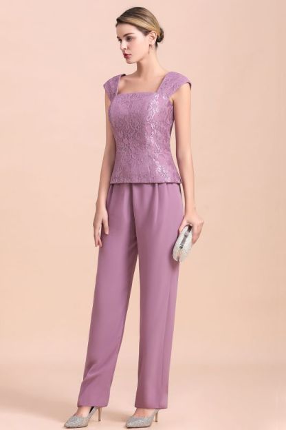 Chiffon 3 Pieces Mother of the Bride Dress Scoop Neck Floral Lace Lilac Jumpsuit Wedding Guest Dress