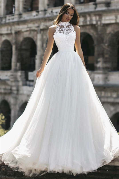 Chicloth High Neck Sleeveless Tulle Wedding Dress Princess Lace Bridal Gowns