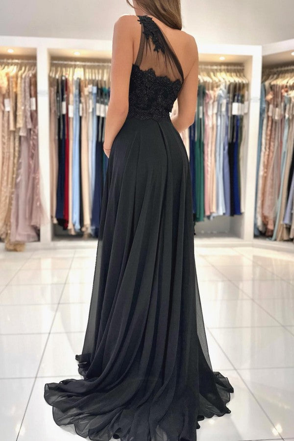 Chicloth One Shoulder Black Prom Dress A-Line With Lace