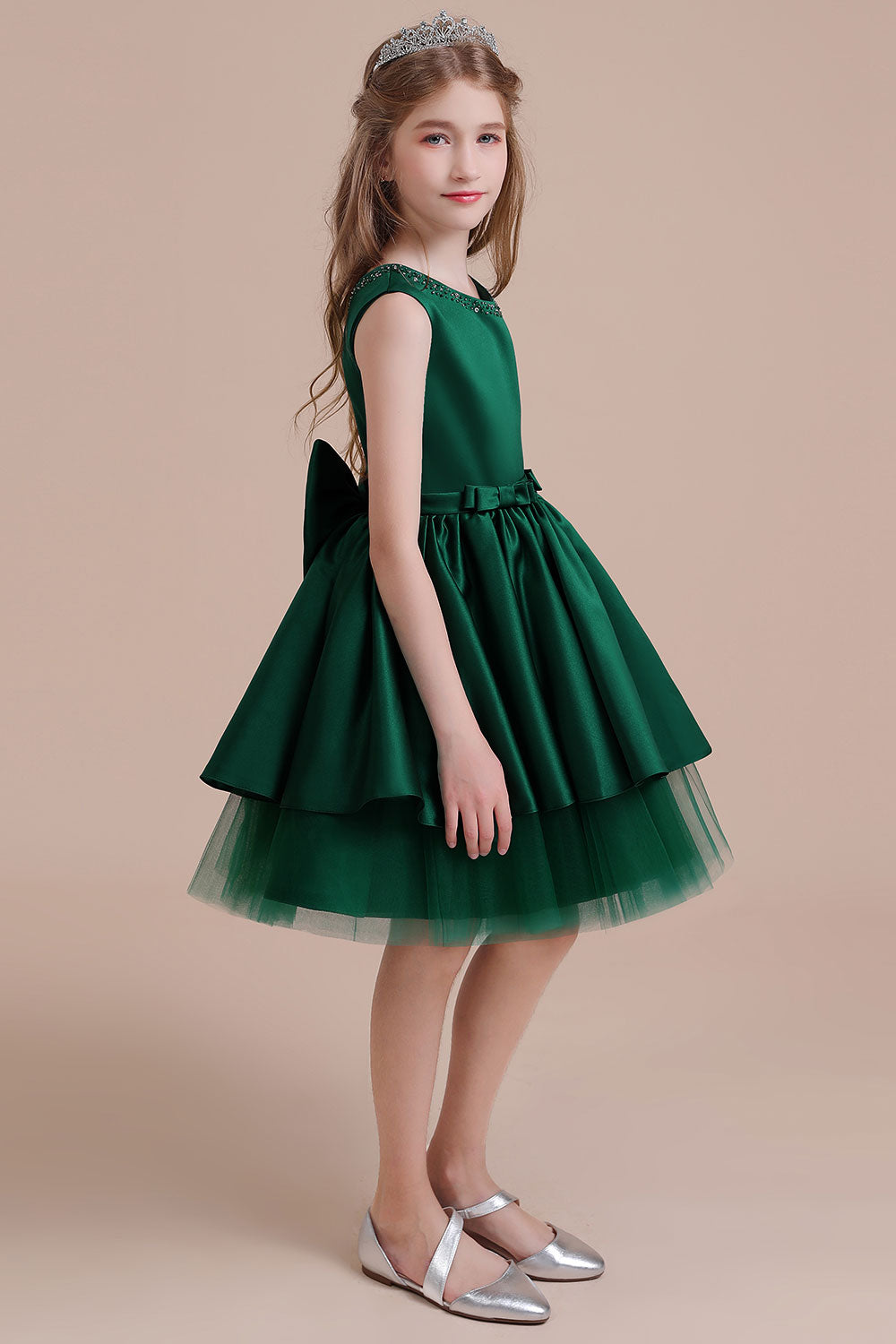 Chicloth A-Line Bow Beading Satin Tulle Flower Girl Dress On Sale