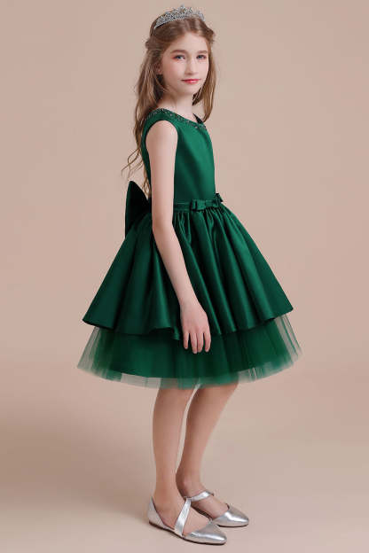 Chicloth A-Line Bow Beading Satin Tulle Flower Girl Dress On Sale