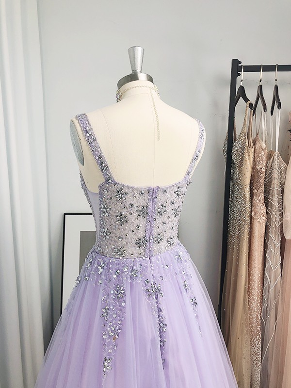 Lavender V-Neck Lace Appliques A-Line Prom Dress