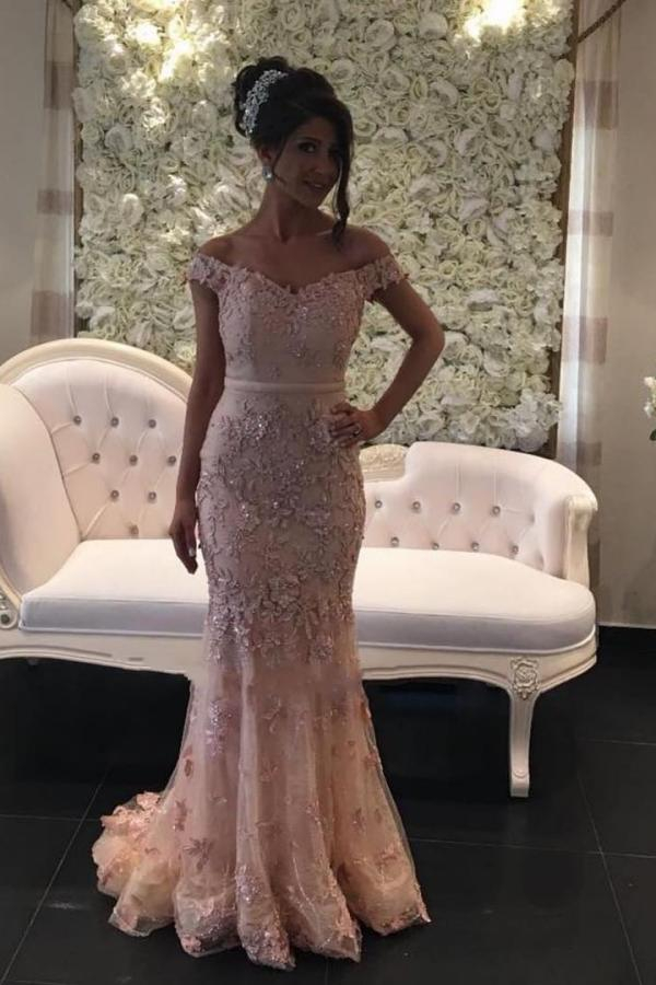 Pink Card-Shoulder Floor-Length Lace Evening Dress | Glitter Prom Dresses
