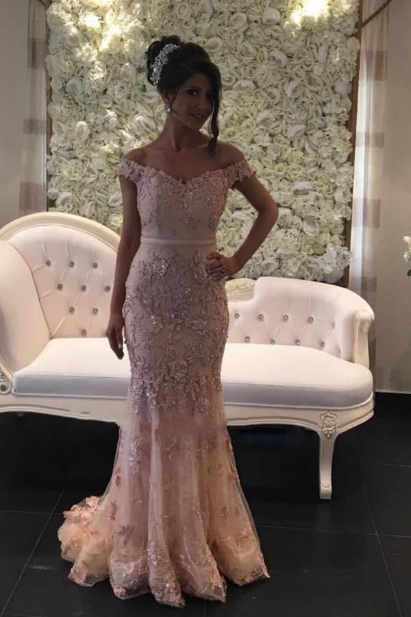 Pink Card-Shoulder Floor-Length Lace Evening Dress | Glitter Prom Dresses