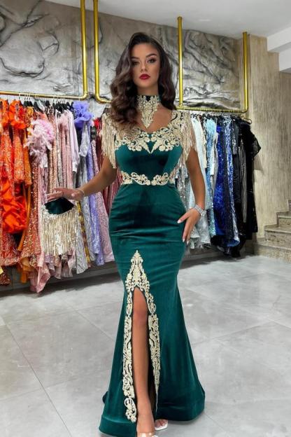 Chicloth Emerald Green Mermaid Evening Dress Split With Gold Appliques Tassels